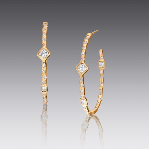 18kt Yellow Gold Organic Shape Diamond Hoop Earrings